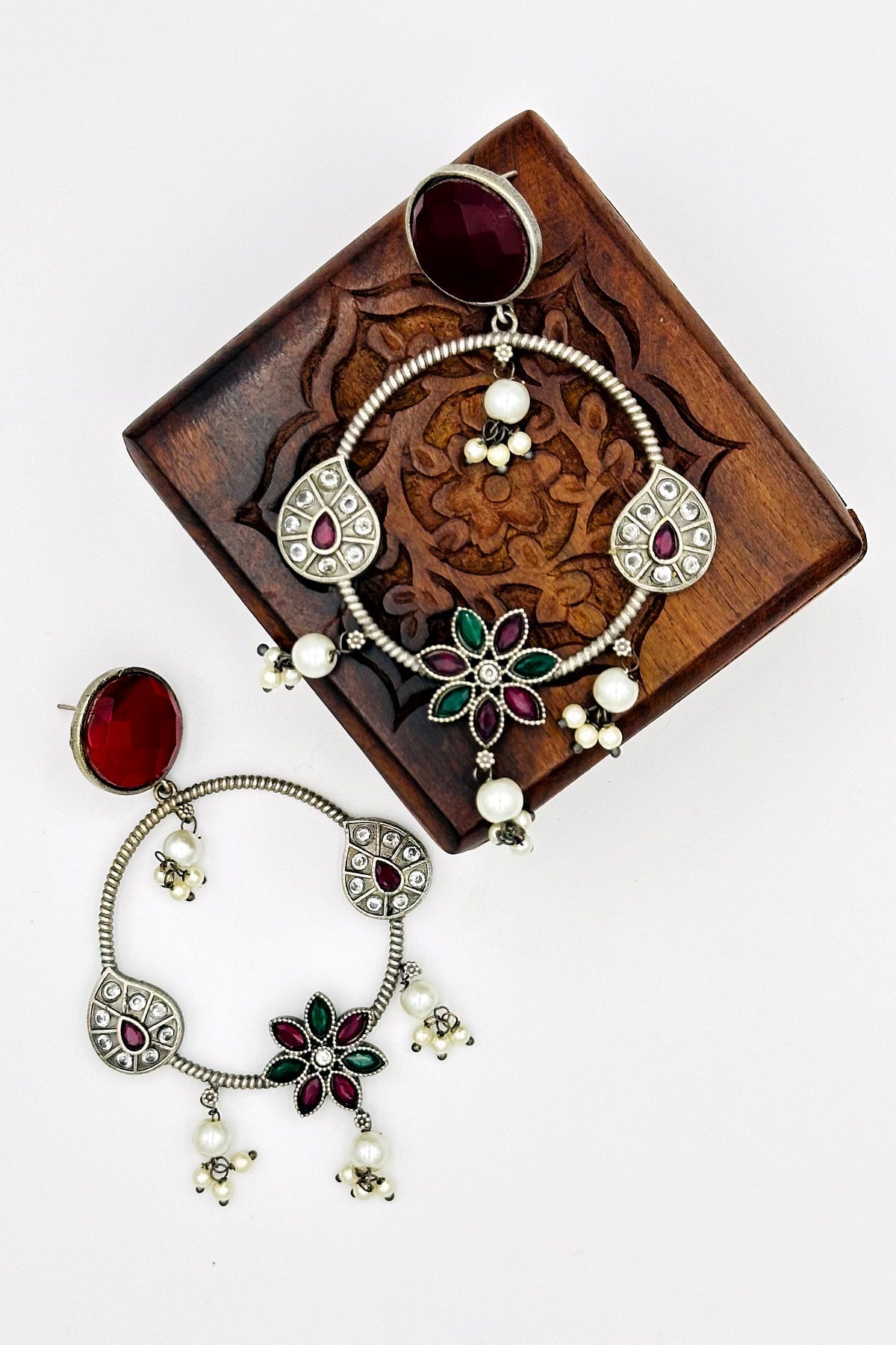 Garden-Inspired Silver Danglers with Red and Green Stones - swadeshsouq.com