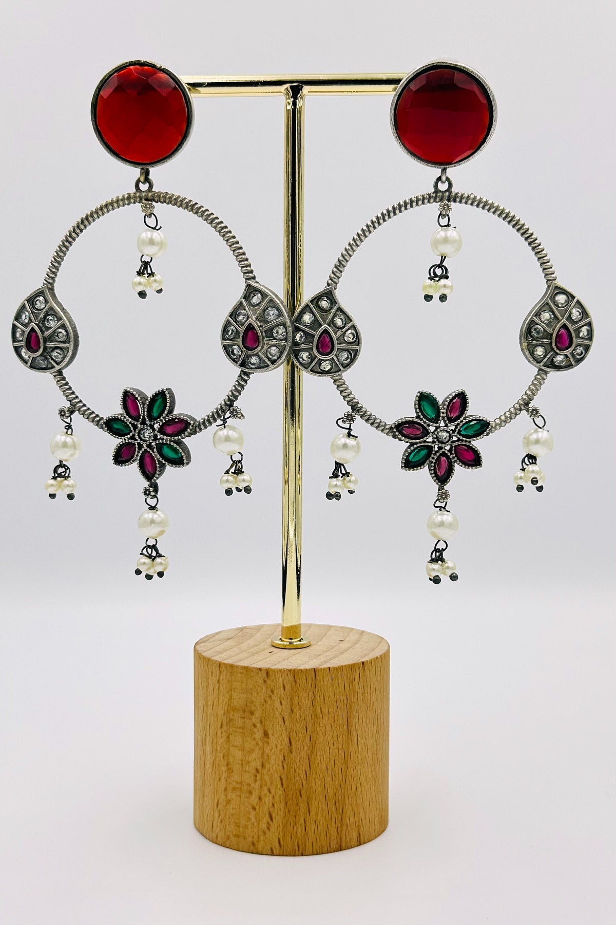 Garden-Inspired Silver Danglers with Red and Green Stones - swadeshsouq.com