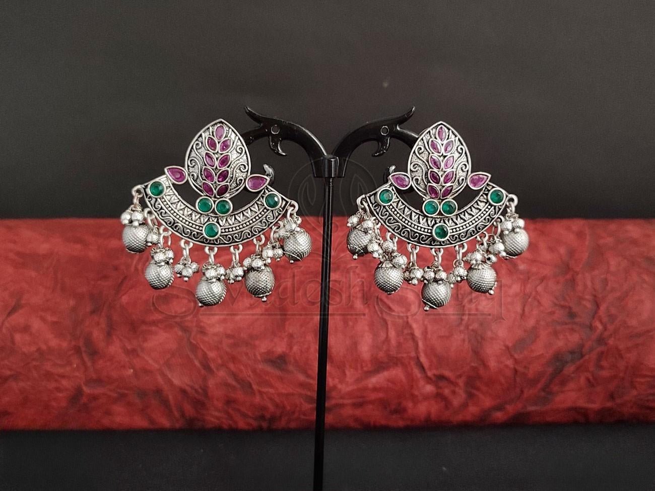 Gemstone and Silver Ball Oxidised Earrings. - swadeshsouq.com