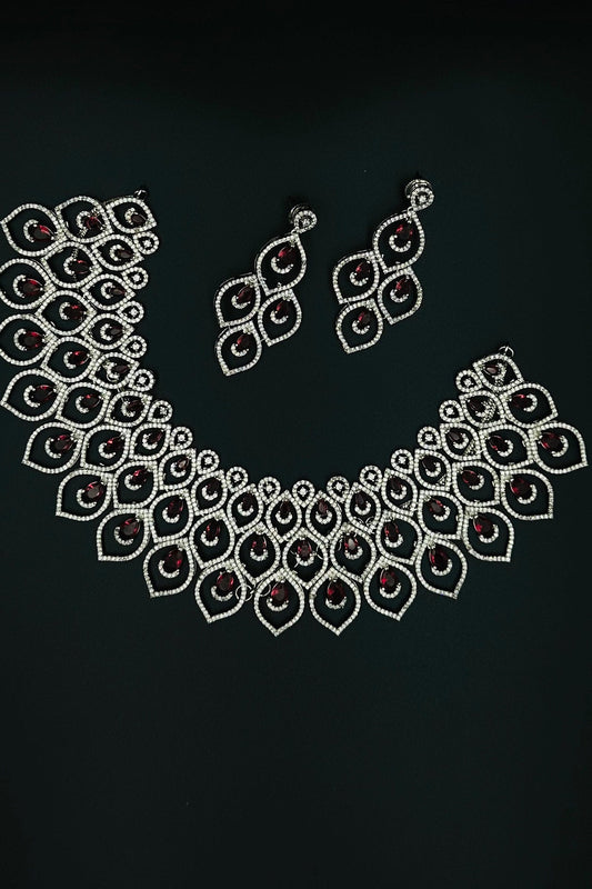 Glimmering Red - CZ Necklace and Earring Set with Ruby Accents. - swadeshsouq.com