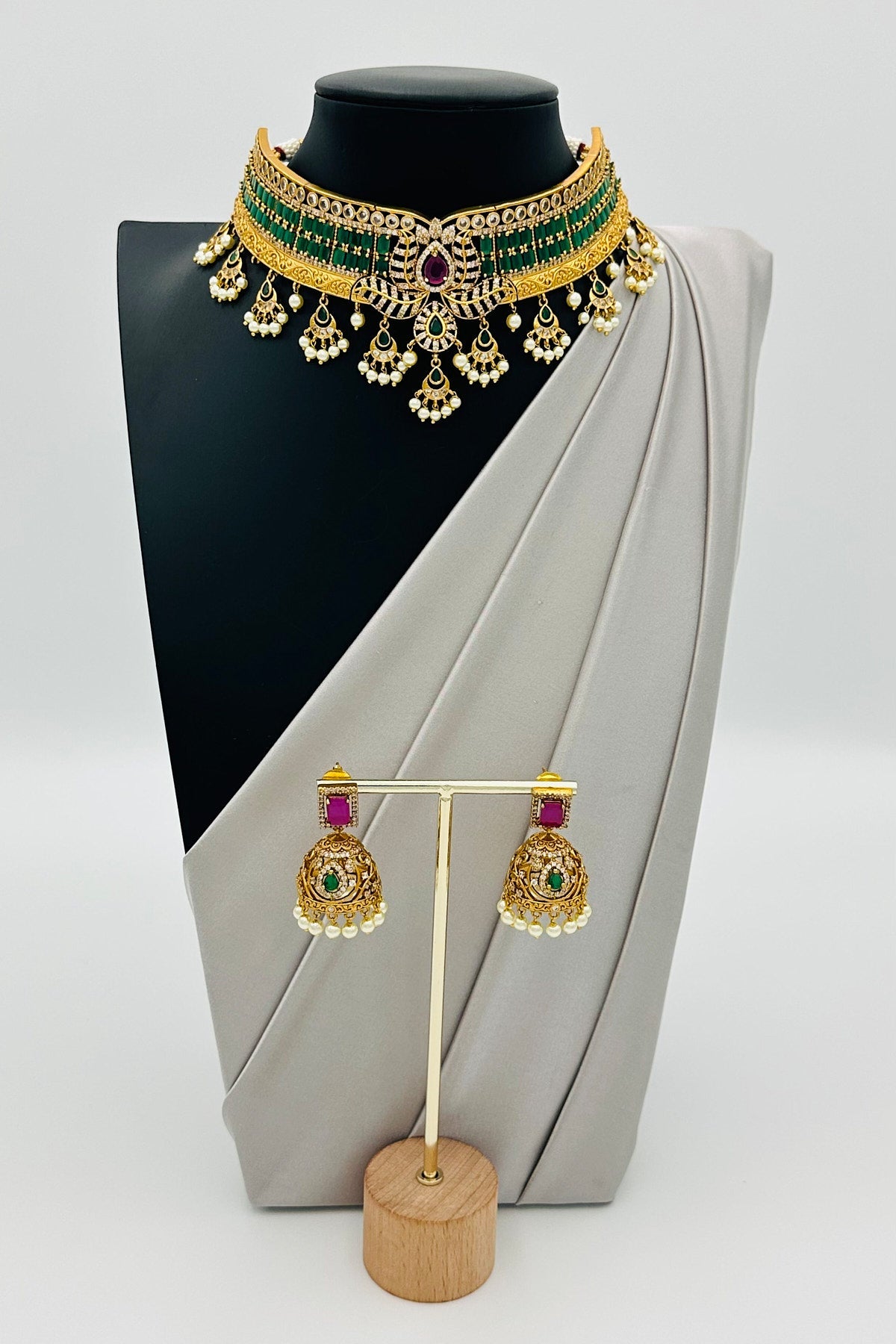 Glorious Gems - Ruby and Emerald Choker Set with Jhumkas. - swadeshsouq.com