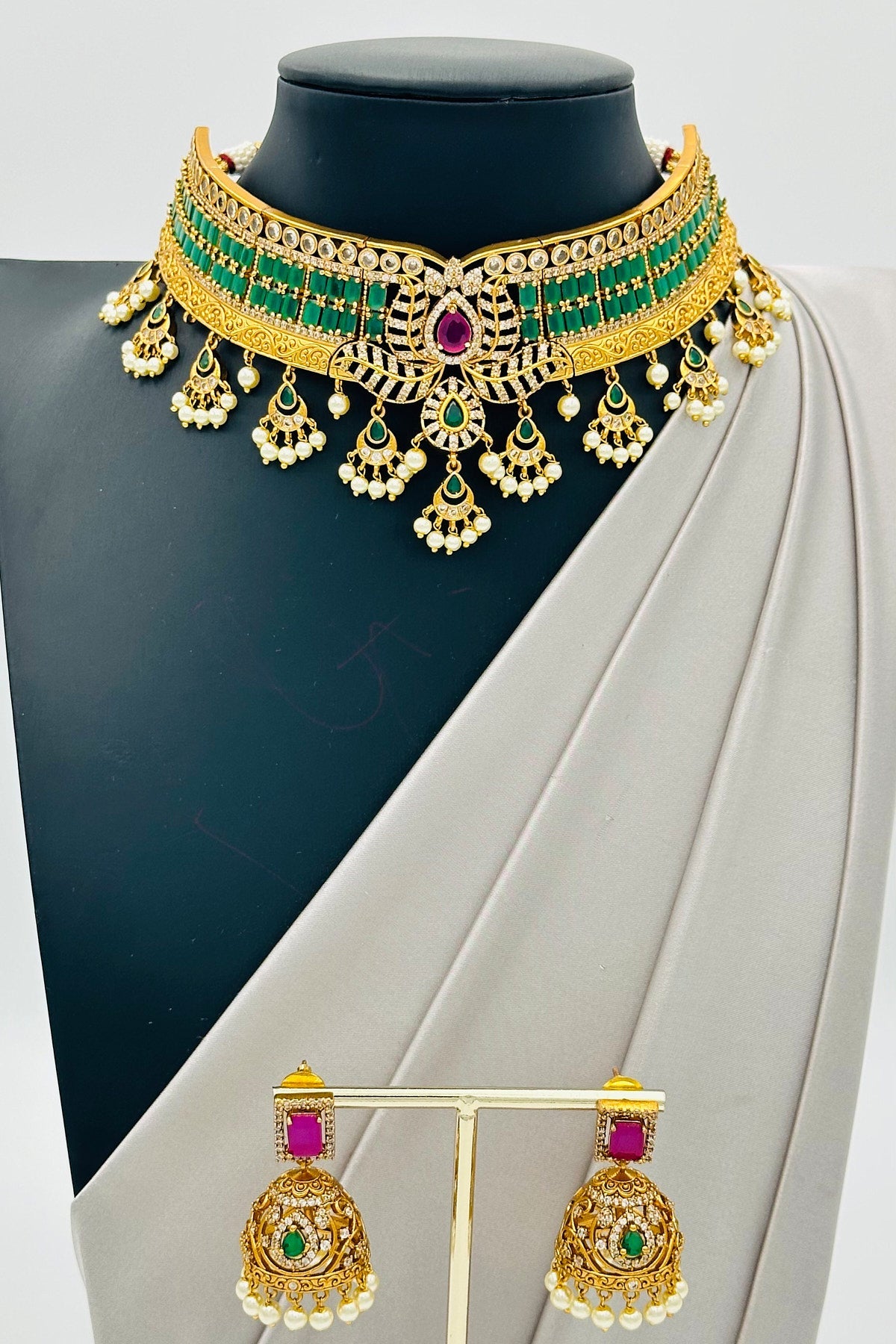 Glorious Gems - Ruby and Emerald Choker Set with Jhumkas. - swadeshsouq.com