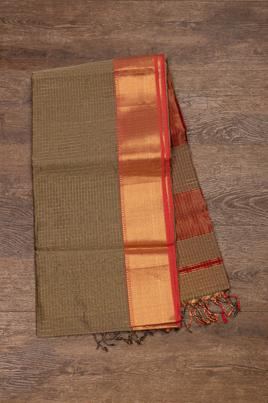 Golden Brown & Red Maheshwari Zari-Checked Saree - swadeshsouq.com