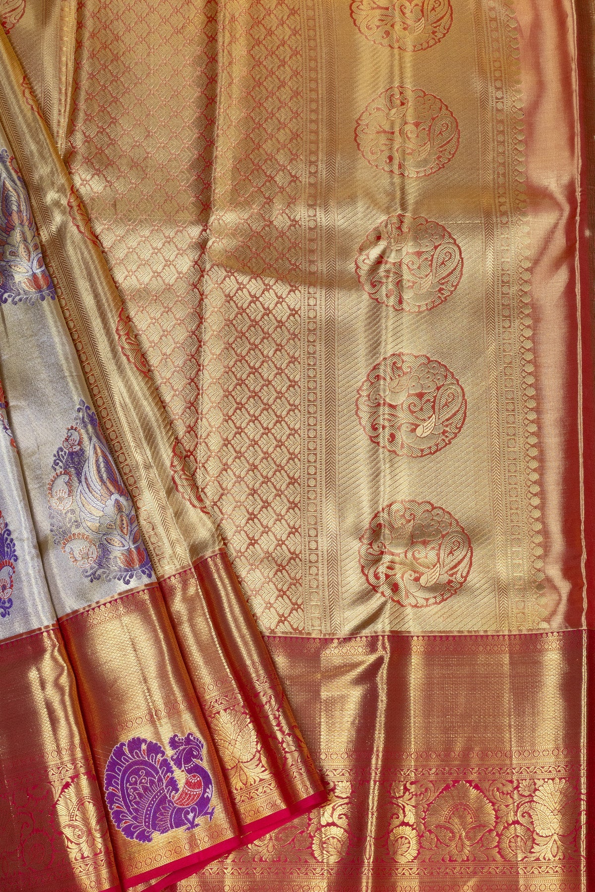 Golden Cream and Red Kanjeevaram Silk Saree with Meenakari Buttis in Gold Zari Tissue - swadeshsouq.com