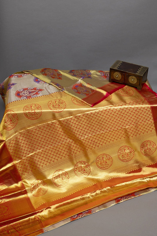 Golden Cream and Red Kanjeevaram Silk Saree with Meenakari Buttis in Gold Zari Tissue - swadeshsouq.com