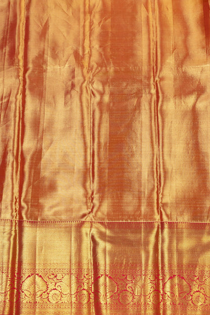 Golden Cream and Red Kanjeevaram Silk Saree with Meenakari Buttis in Gold Zari Tissue - swadeshsouq.com