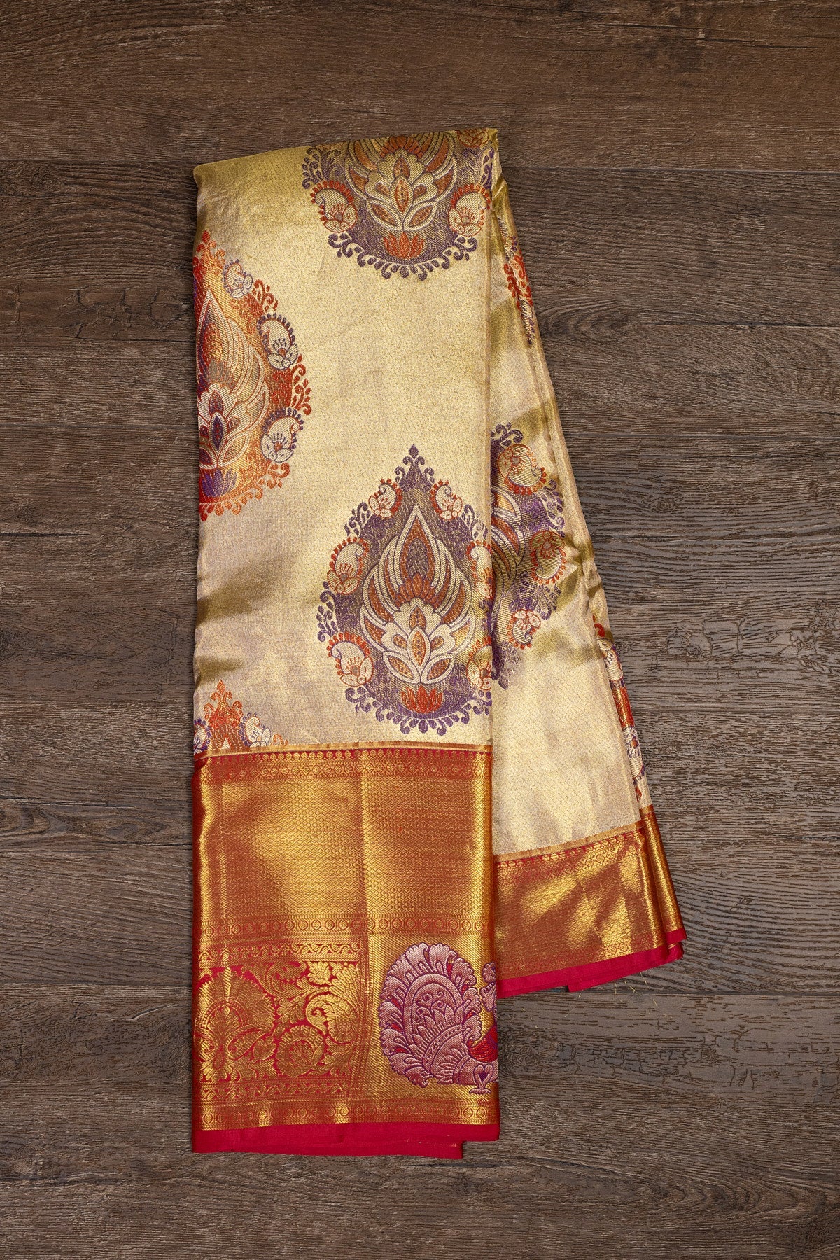 Golden Cream and Red Kanjeevaram Silk Saree with Meenakari Buttis in Gold Zari Tissue - swadeshsouq.com