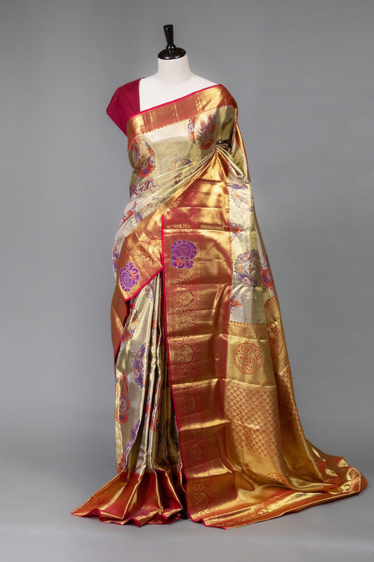 Golden Cream and Red Kanjeevaram Silk Saree with Meenakari Buttis in Gold Zari Tissue - swadeshsouq.com