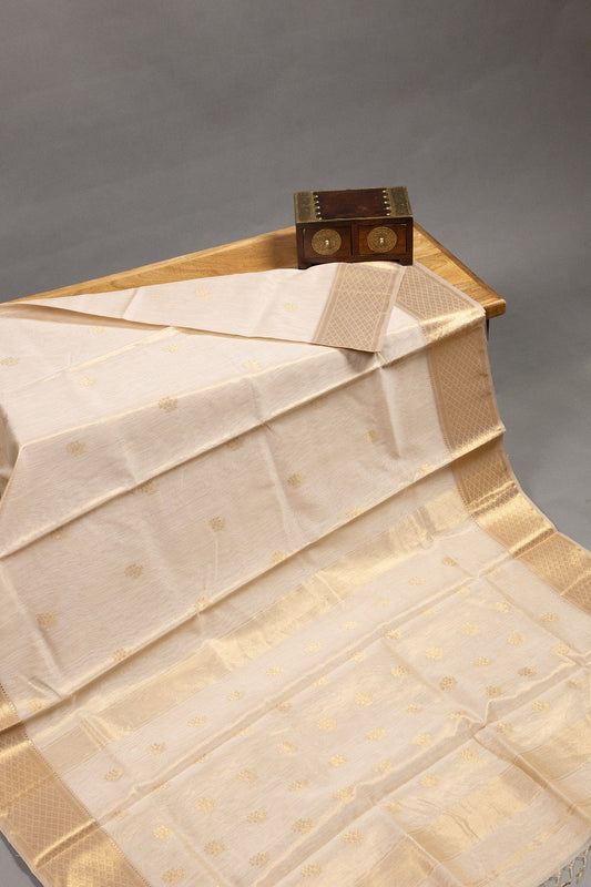 Golden Cream Maheshwari Silk Zari Tissue Saree - swadeshsouq.com