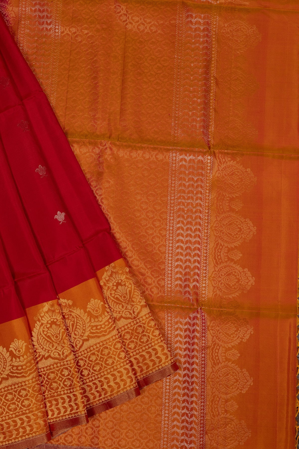 GOLDEN TRADITIONS: RED AND YELLOW KANJEEVARAM SILK SAREE WITH INTRICATELY WOVEN ZARI BORDERS - swadeshsouq.com