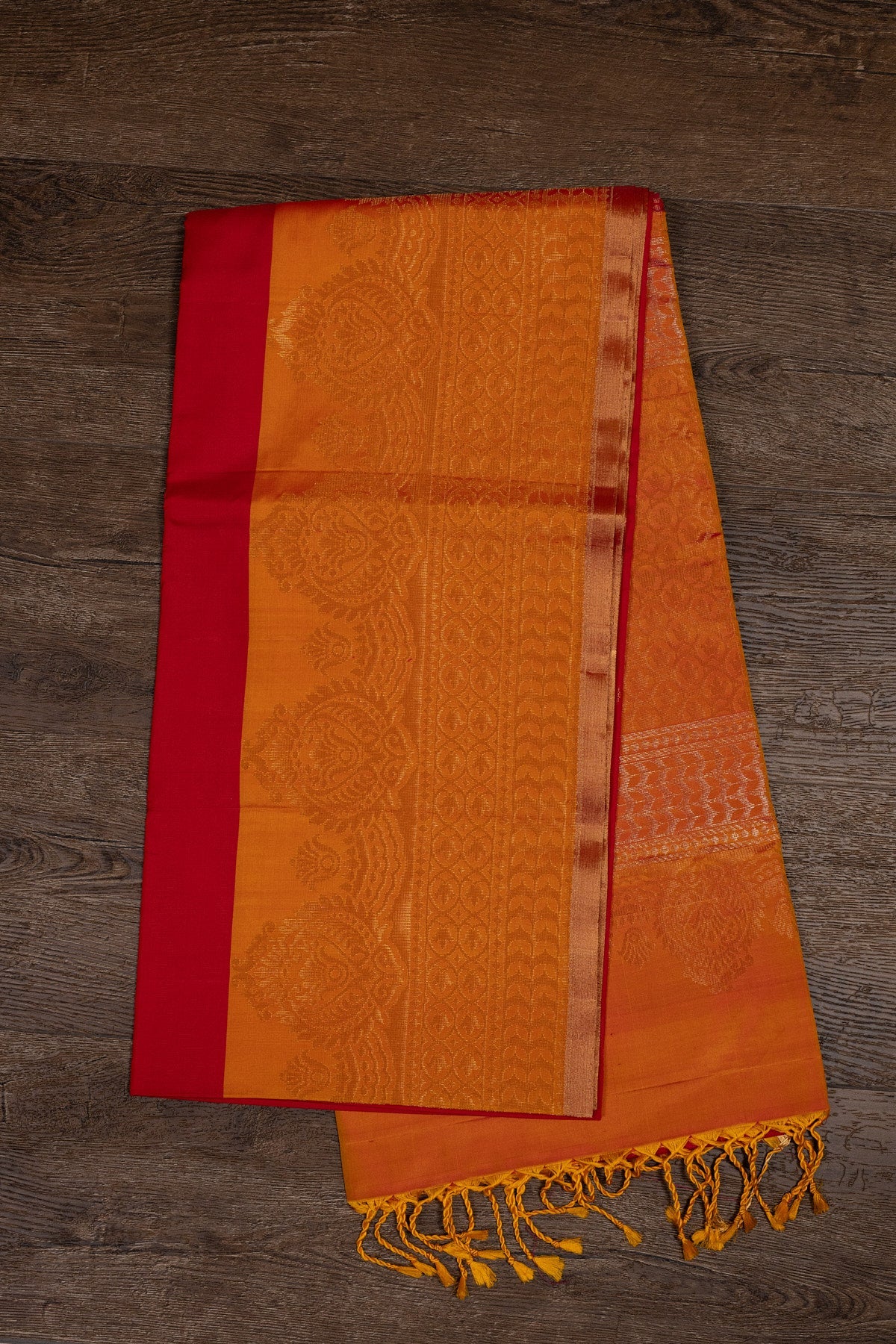 GOLDEN TRADITIONS: RED AND YELLOW KANJEEVARAM SILK SAREE WITH INTRICATELY WOVEN ZARI BORDERS - swadeshsouq.com