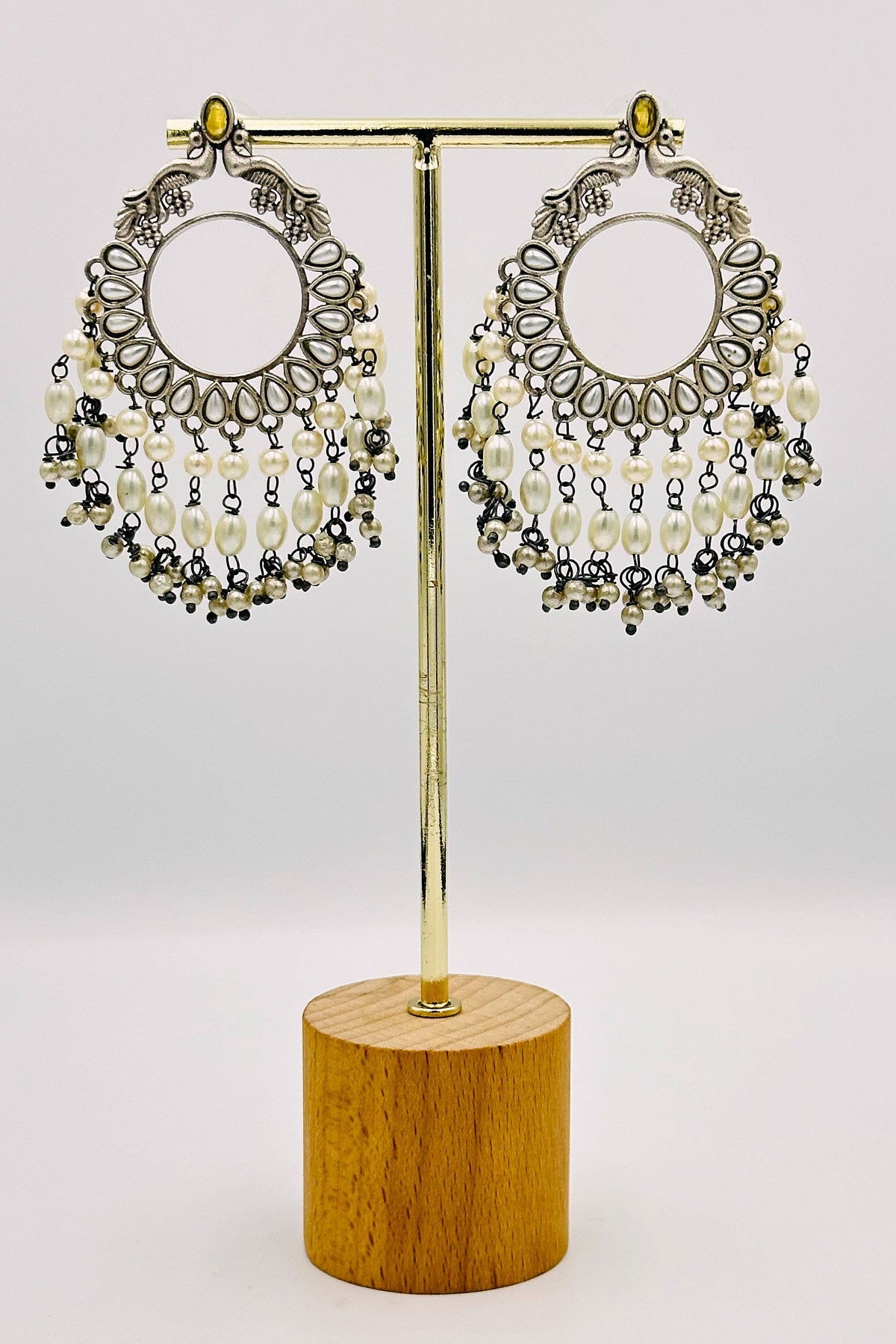 Golden Yellow Chandbali Earrings with Peacock Design and Pearl Adornments - swadeshsouq.com