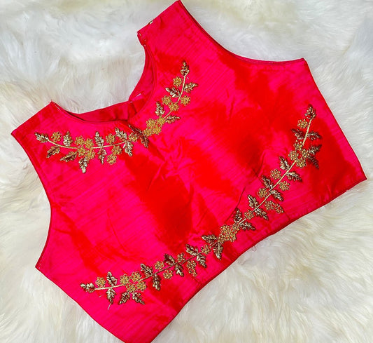 Adorn Yourself with Graceful & Glamorous Pink Raw Silk Blouse, Embellished with Golden Zardosi Work from swadeshsouq.com.
