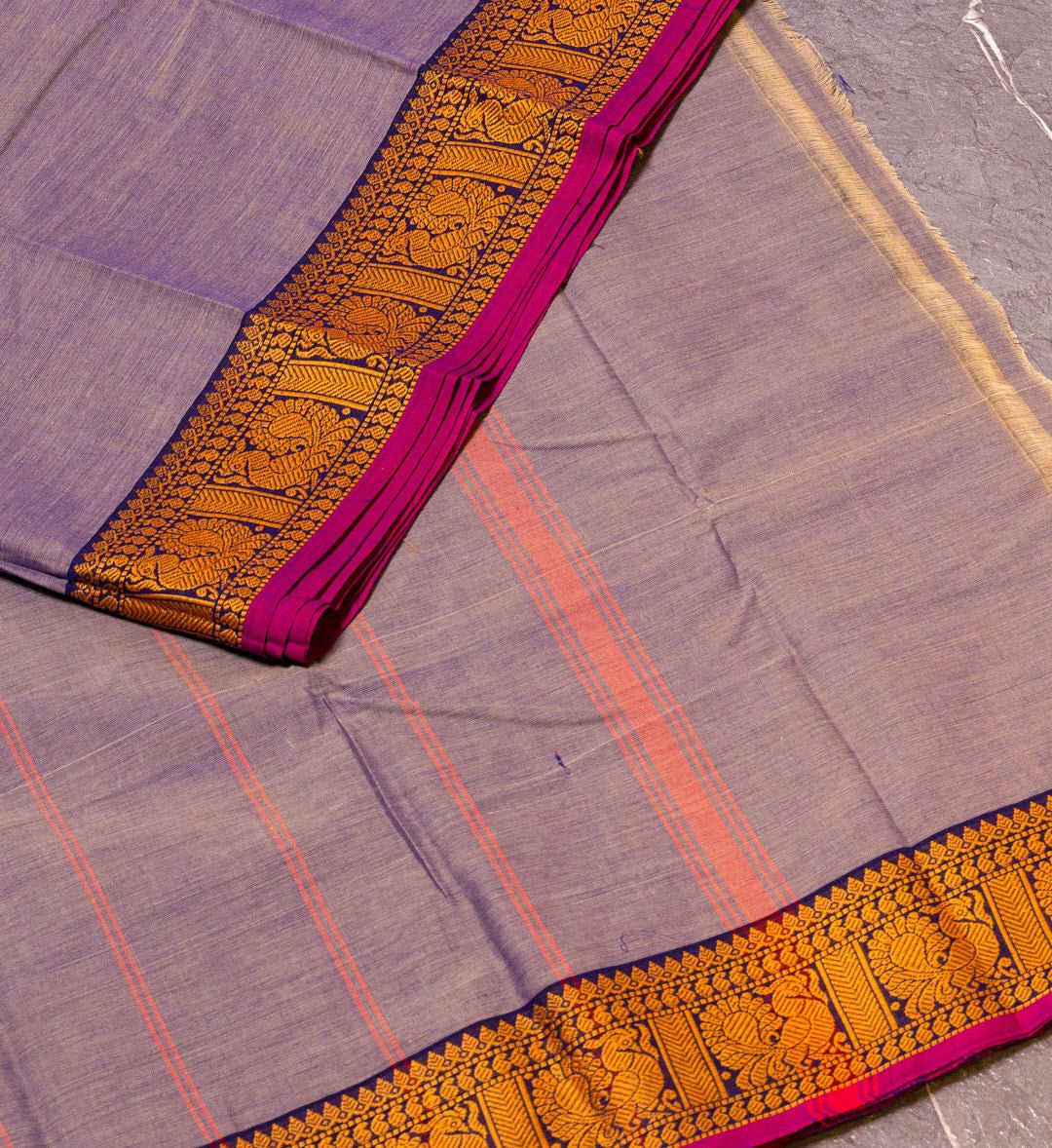 "Graceful Harmony: Bluish Grey and Pink Thread Border Chettinad Cotton Saree" - swadeshsouq.com