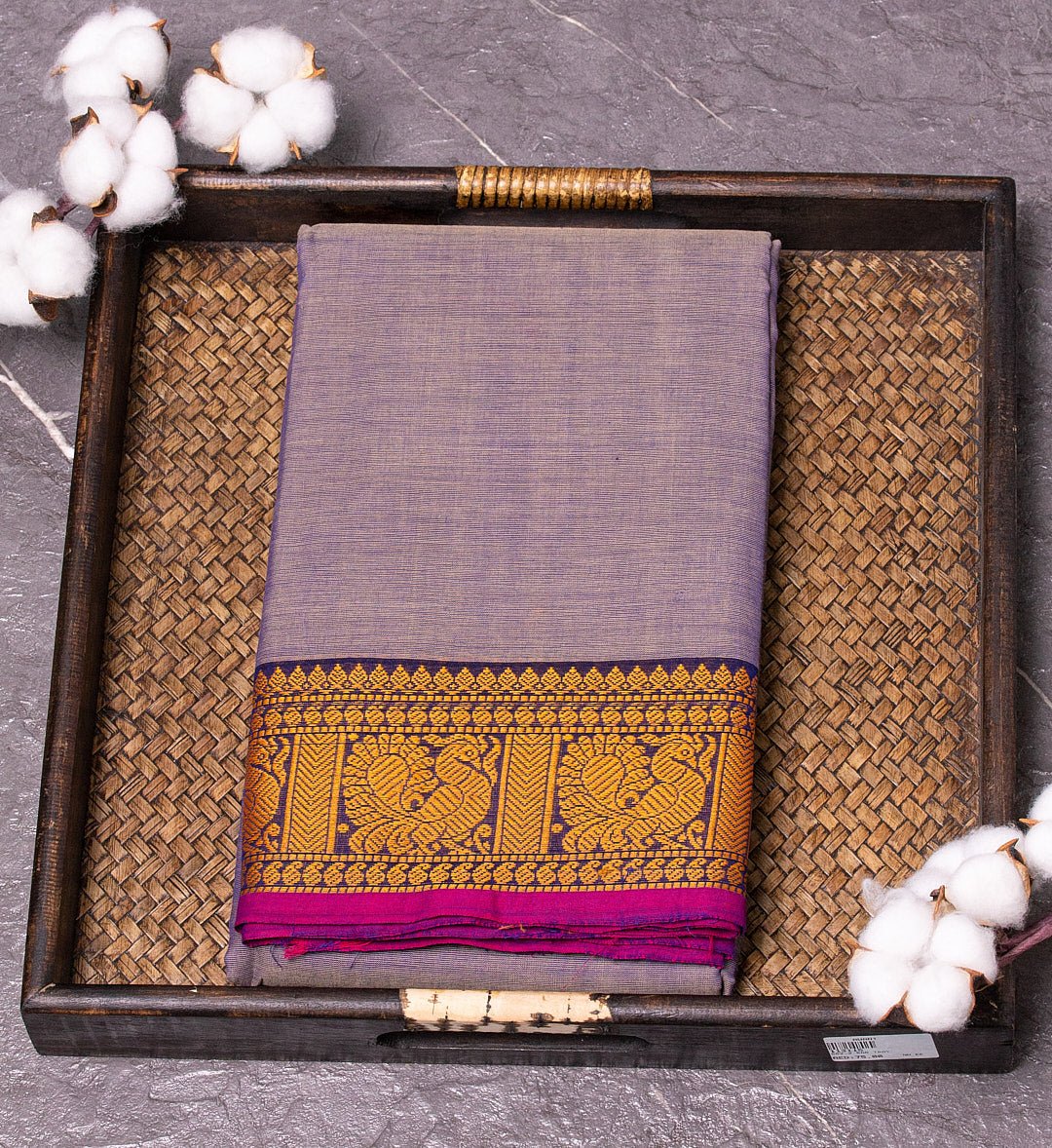 "Graceful Harmony: Bluish Grey and Pink Thread Border Chettinad Cotton Saree" - swadeshsouq.com