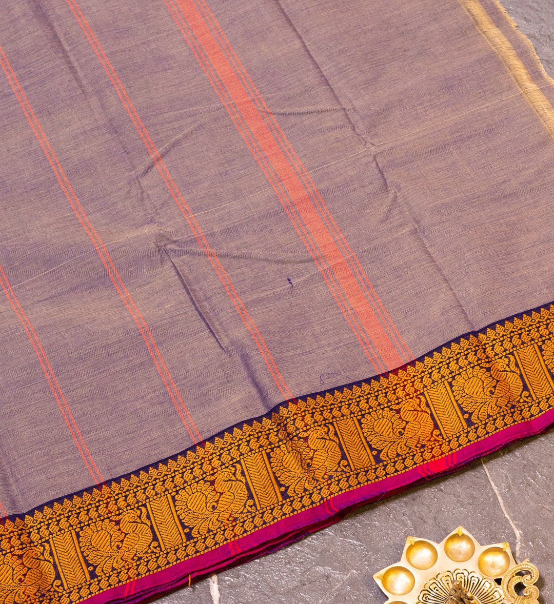 "Graceful Harmony: Bluish Grey and Pink Thread Border Chettinad Cotton Saree" - swadeshsouq.com