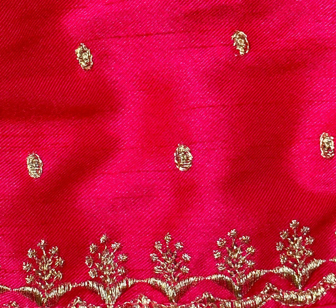 Add Glamour to Ethnic Attire with Pink Raw Silk Jaipuri Blouse, Golden Buttis from swadeshsouq.com.