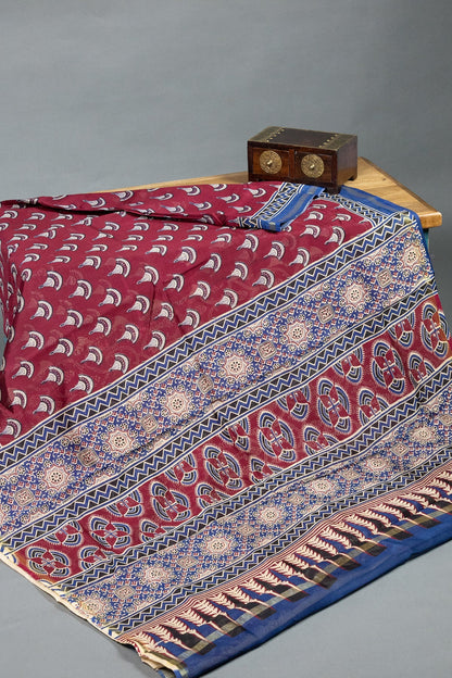 Graceful Maroon & Blue Silk-Cotton Saree with Ajrak Hand-Block Prints and Gold Zari Border - swadeshsouq.com