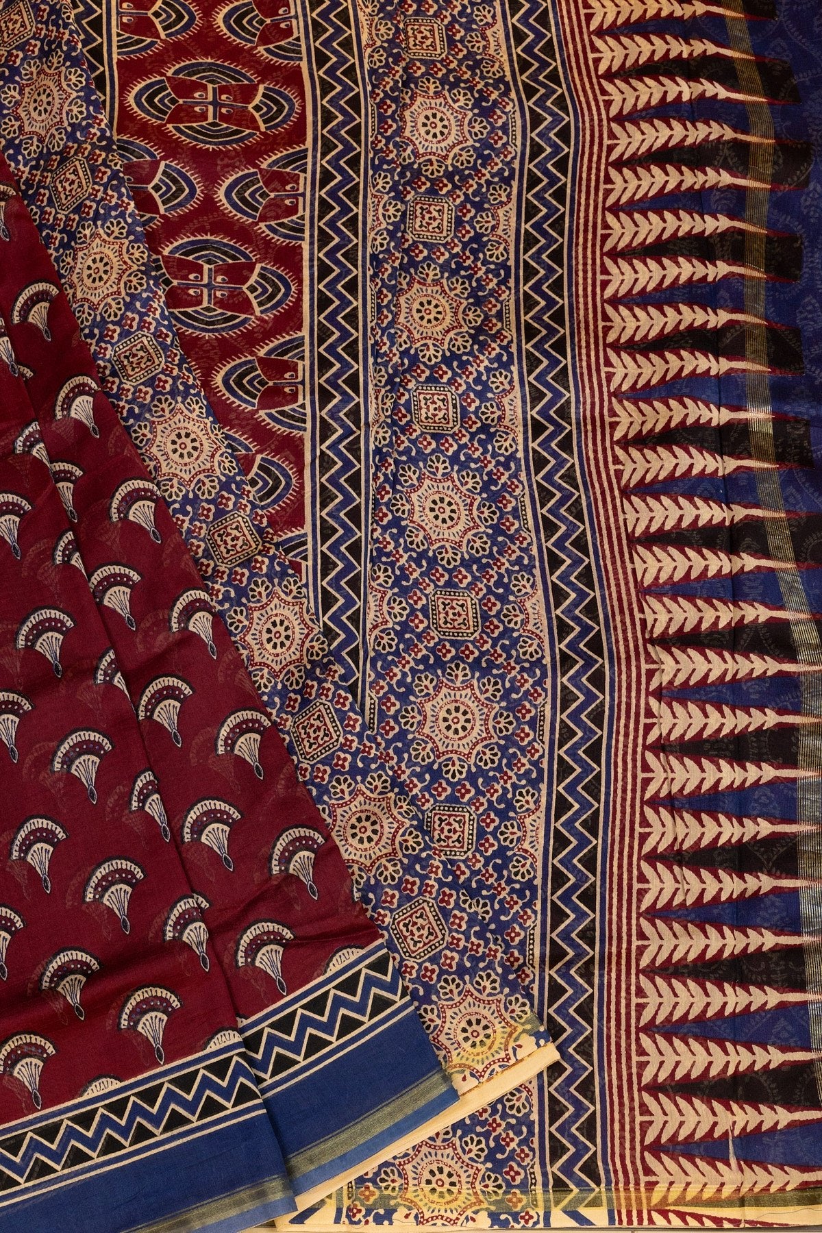 Graceful Maroon & Blue Silk-Cotton Saree with Ajrak Hand-Block Prints and Gold Zari Border - swadeshsouq.com