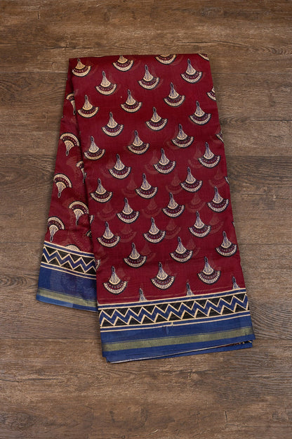 Graceful Maroon & Blue Silk-Cotton Saree with Ajrak Hand-Block Prints and Gold Zari Border - swadeshsouq.com