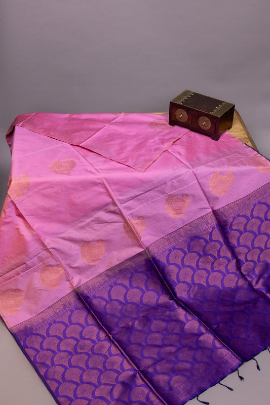 GRACEFUL RADIANCE: PINK AND NAVY BLUE KANJEEVARAM SEMI-SOFT SILK SAREE - swadeshsouq.com