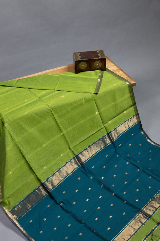 Green and Peacock Blue Maheshwari Silk-Cotton Saree - swadeshsouq.com