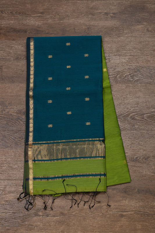 Green and Peacock Blue Maheshwari Silk-Cotton Saree - swadeshsouq.com