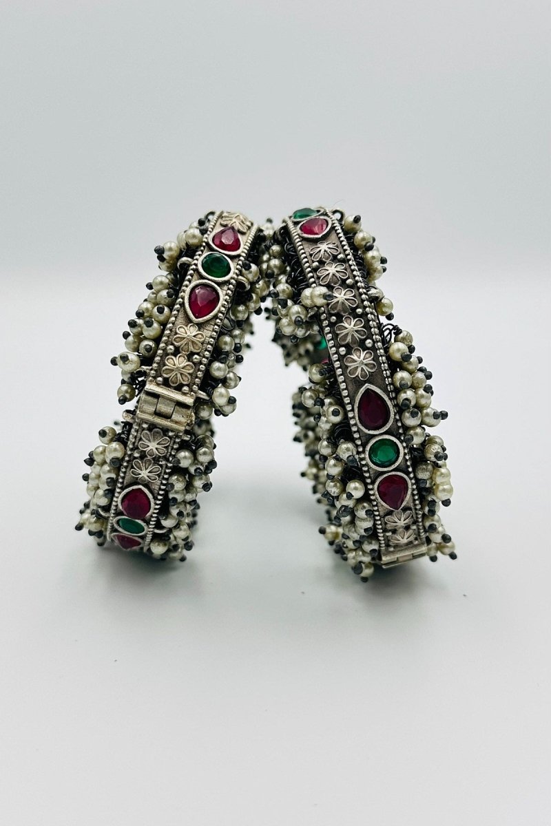 Green and Red Stone Silver Bangles with Pearls - swadeshsouq.com