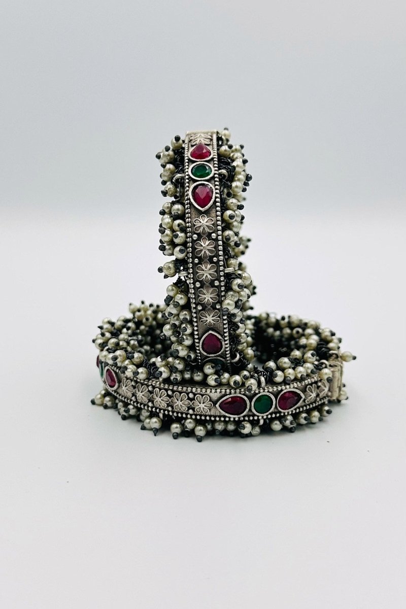 Green and Red Stone Silver Bangles with Pearls - swadeshsouq.com