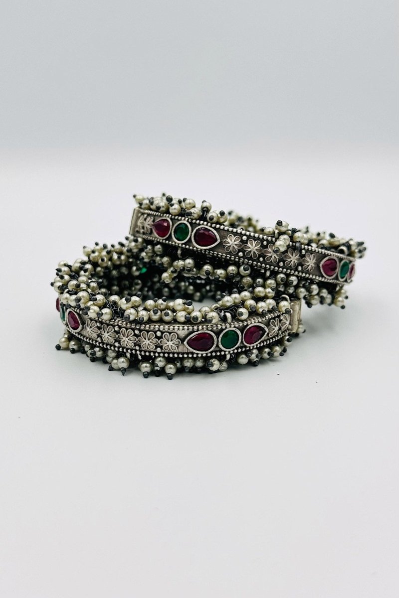 Green and Red Stone Silver Bangles with Pearls - swadeshsouq.com