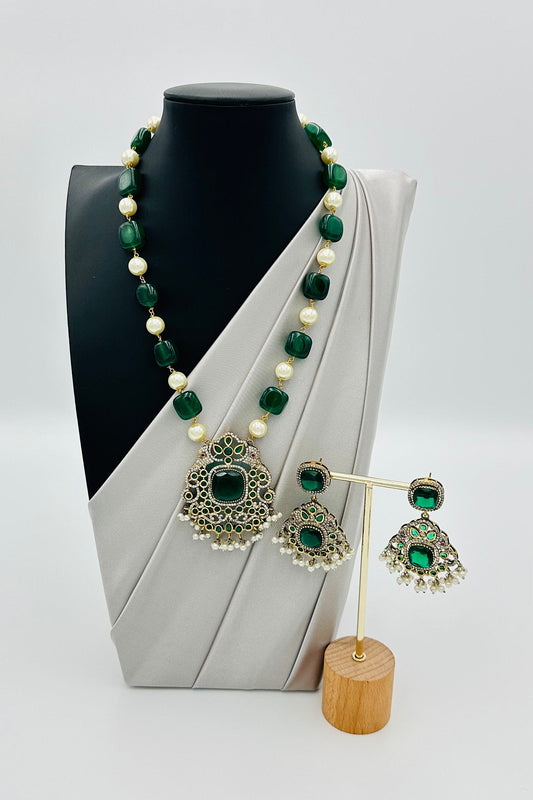 Green Bead & Pearl Ensemble Necklace with Artisanal Pendant - swadeshsouq.com