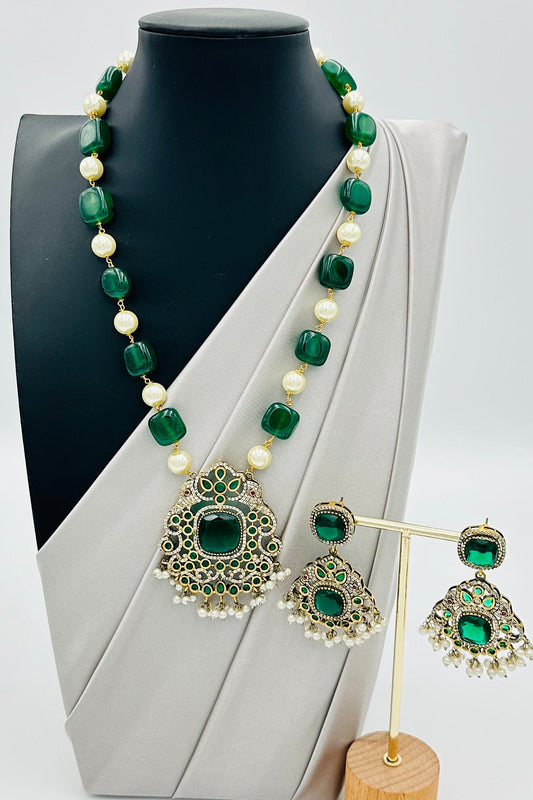 Green Bead & Pearl Ensemble Necklace with Artisanal Pendant - swadeshsouq.com