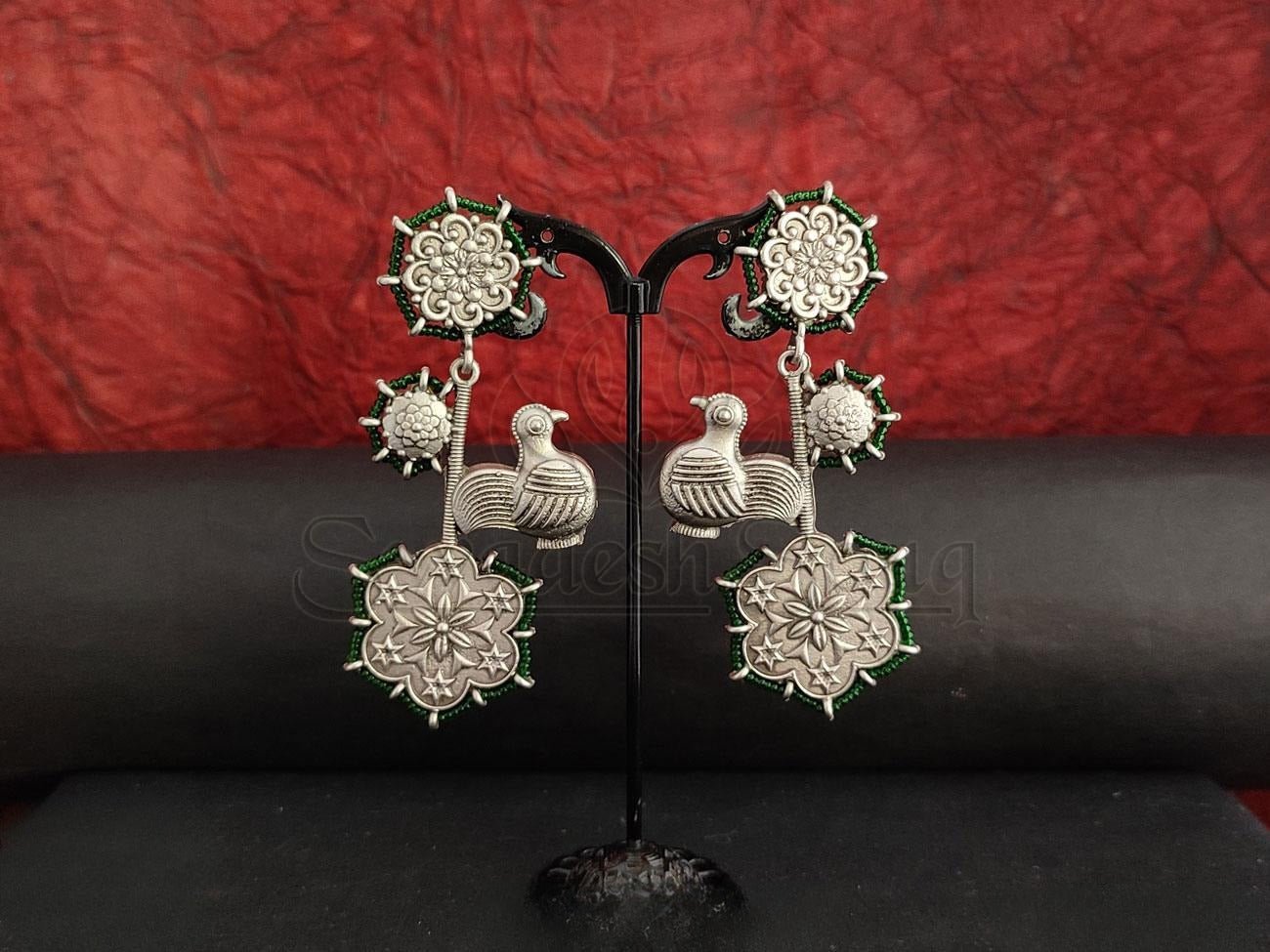 Green Beaded Bird Danglers in Oxidised Silver. - swadeshsouq.com