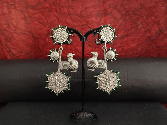 Green Beaded Bird Danglers in Oxidised Silver. - swadeshsouq.com