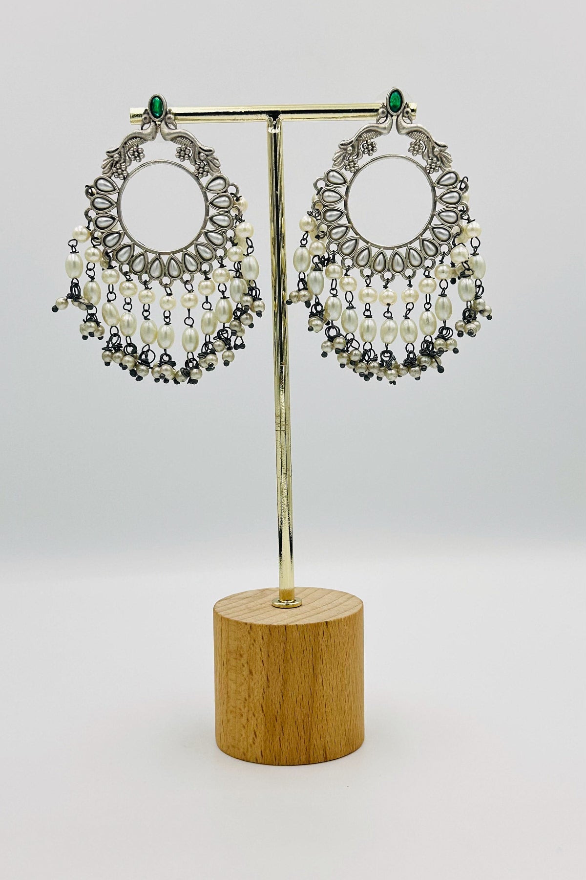 Green Chandbali Earrings with Peacock Motif and Pearl Accents - swadeshsouq.com