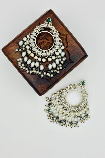 Green Chandbali Earrings with Peacock Motif and Pearl Accents - swadeshsouq.com