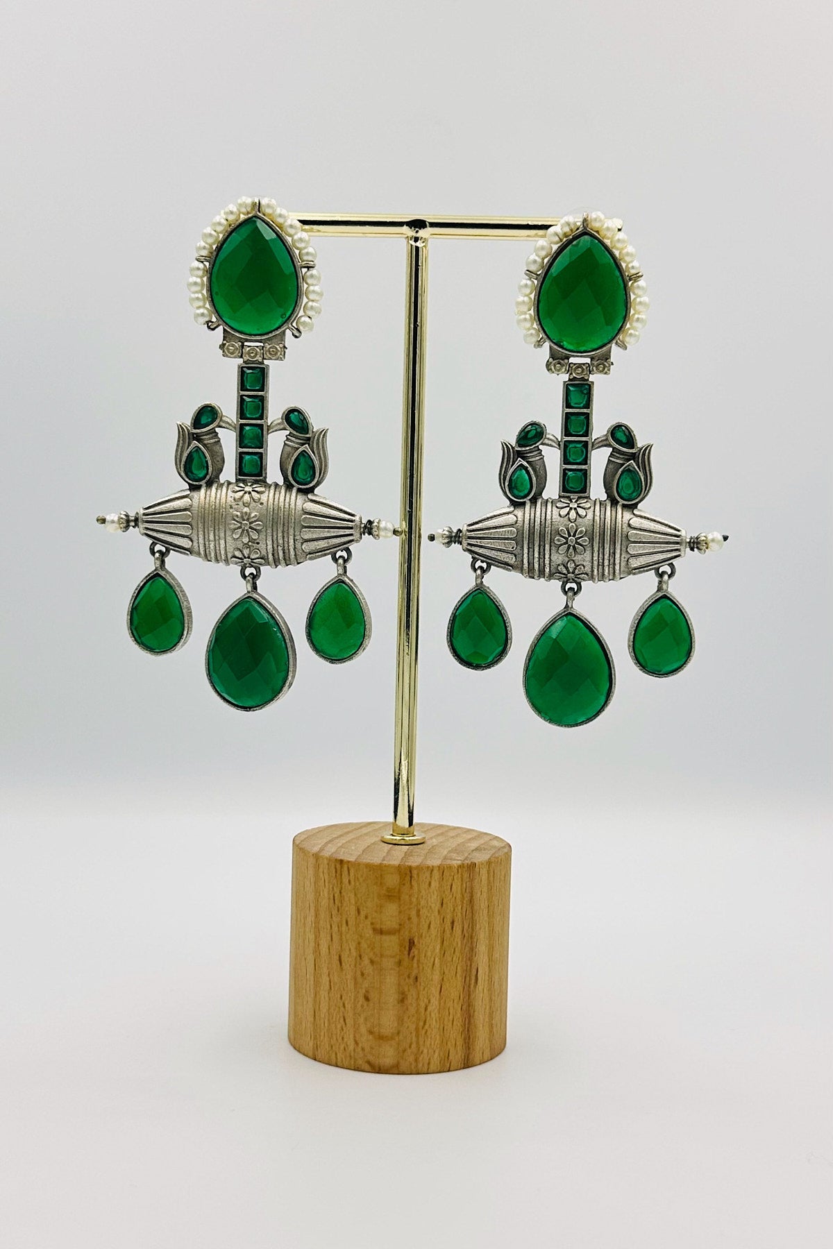 Green Crystal & Pearl Silver Earrings - swadeshsouq.com