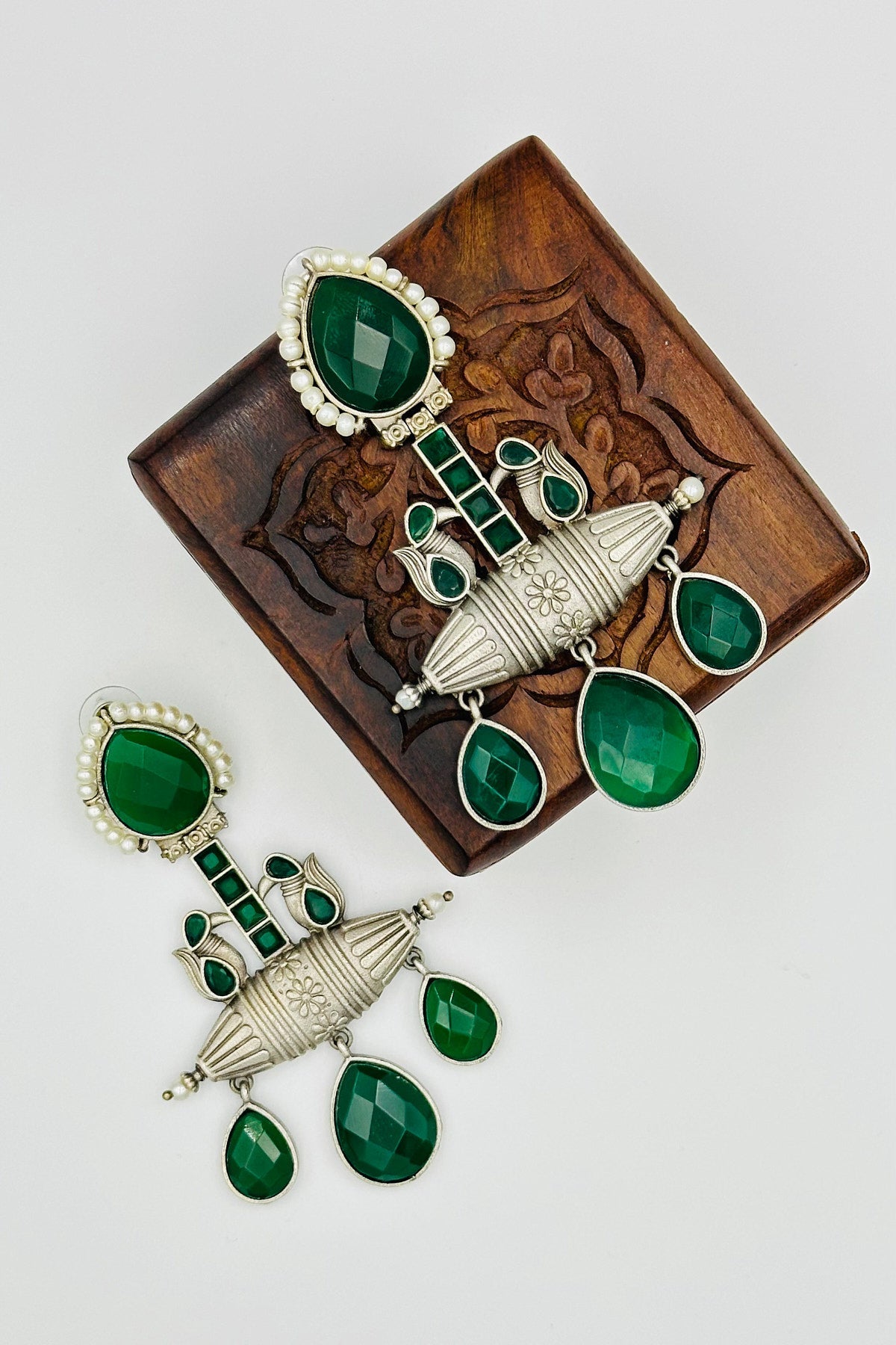 Green Crystal & Pearl Silver Earrings - swadeshsouq.com