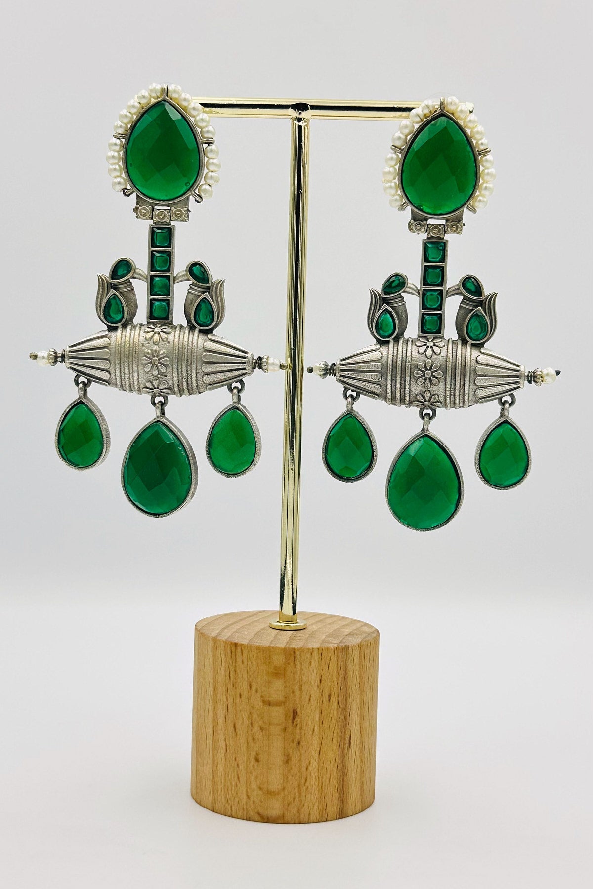 Green Crystal & Pearl Silver Earrings - swadeshsouq.com