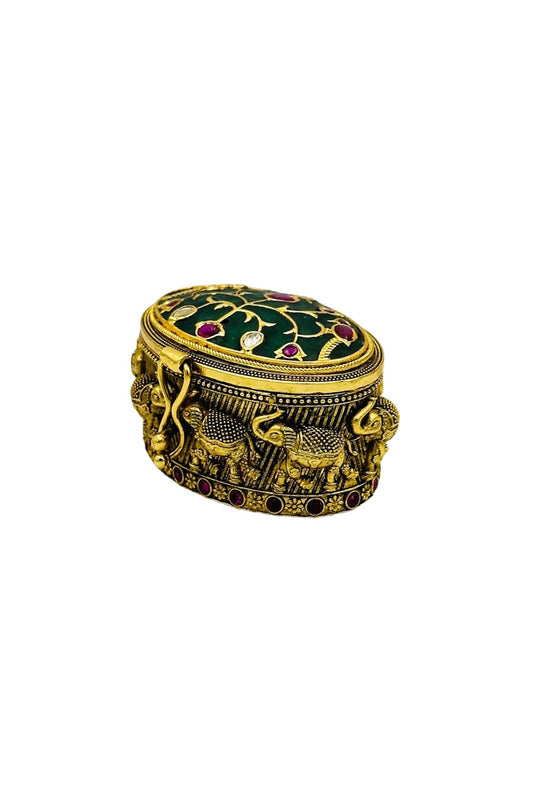 Green Jadau Kumkum Box Adorned with Nagas and Filigree Flourishes - swadeshsouq.com