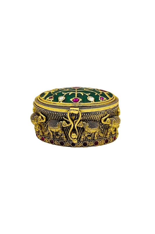 Green Jadau Kumkum Box Adorned with Nagas and Filigree Flourishes - swadeshsouq.com