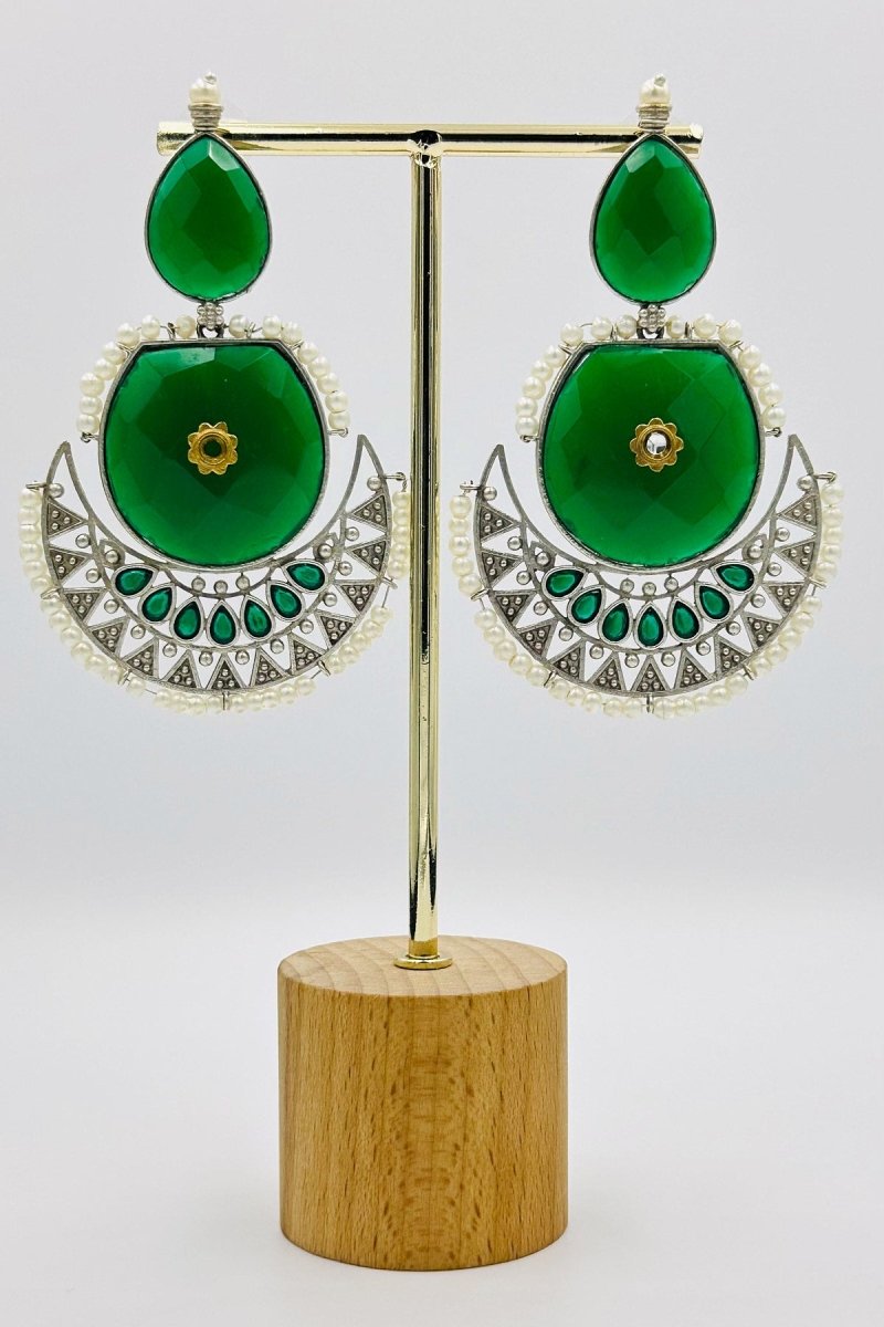 Green Pearl and Stone Crescent Earrings in Silver - swadeshsouq.com