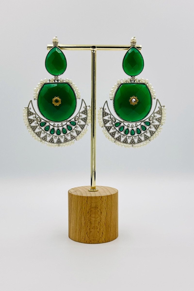 Green Pearl and Stone Crescent Earrings in Silver - swadeshsouq.com