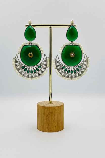 Green Pearl and Stone Crescent Earrings in Silver - swadeshsouq.com