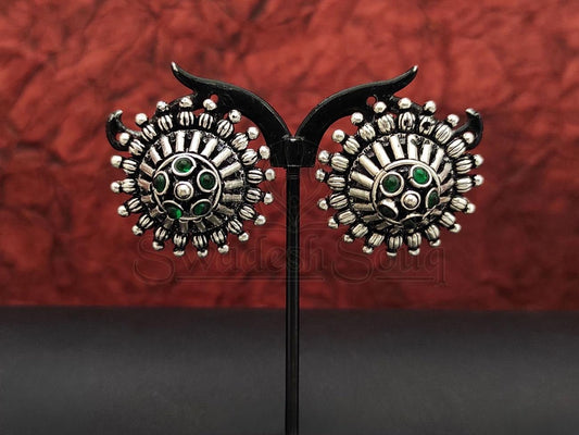 Green Stone Oxidised Silver Stud Earrings. - swadeshsouq.com