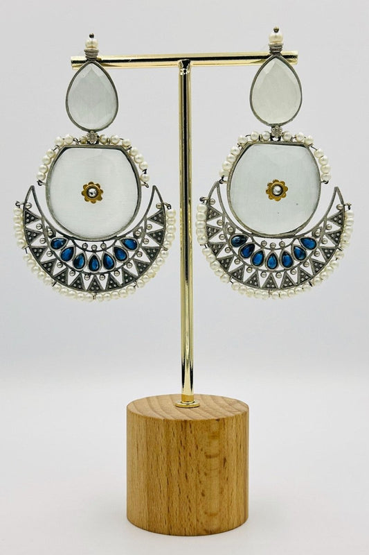 Grey and Blue Crescent Earrings with Pearls and Stones - swadeshsouq.com