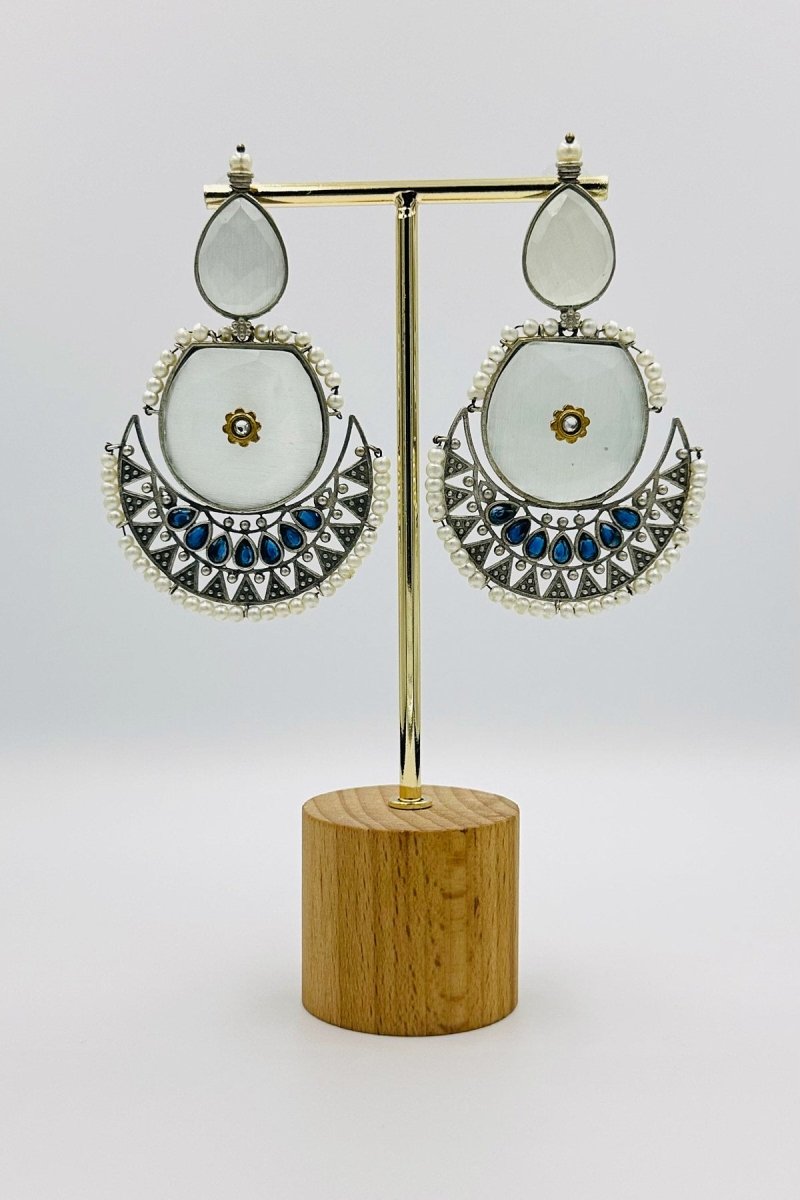 Grey and Blue Crescent Earrings with Pearls and Stones - swadeshsouq.com