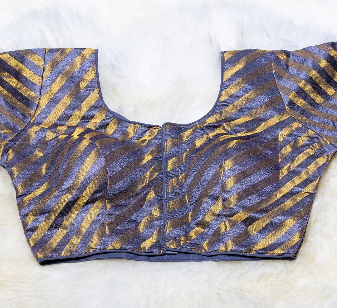 Grey Semi Silk Blouse with Golden Stripes: A Classic and Stylish Addition to Your Wardrobe - swadeshsouq.com