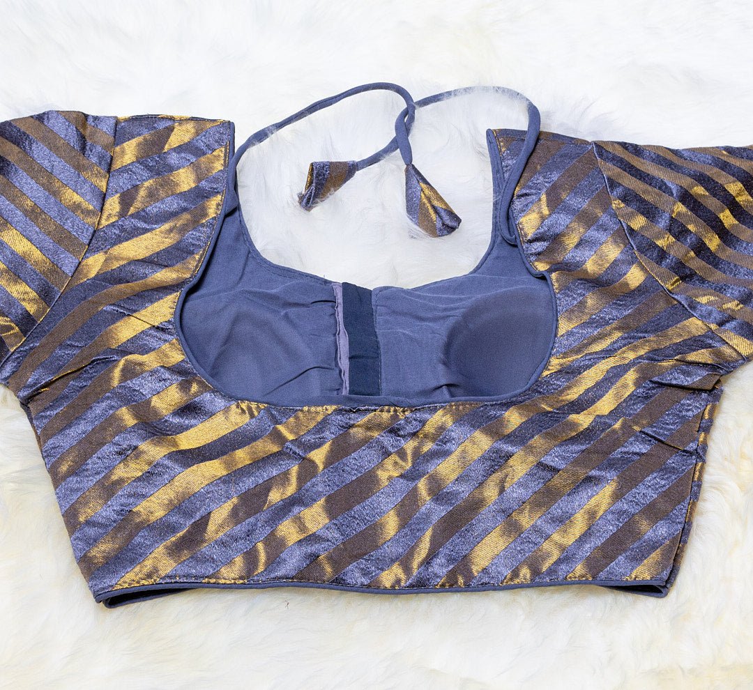 Grey Semi Silk Blouse with Golden Stripes: A Classic and Stylish Addition to Your Wardrobe - swadeshsouq.com