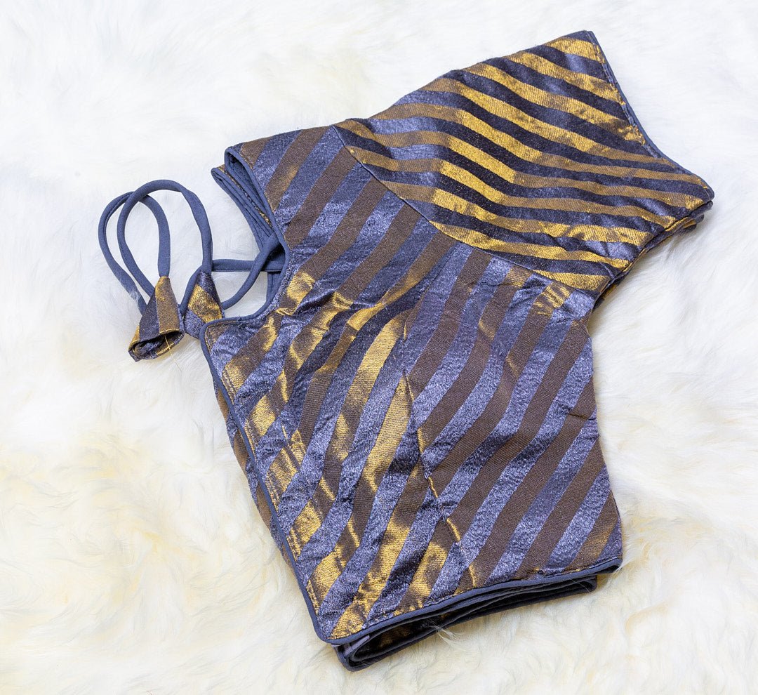 Grey Semi Silk Blouse with Golden Stripes: A Classic and Stylish Addition to Your Wardrobe - swadeshsouq.com
